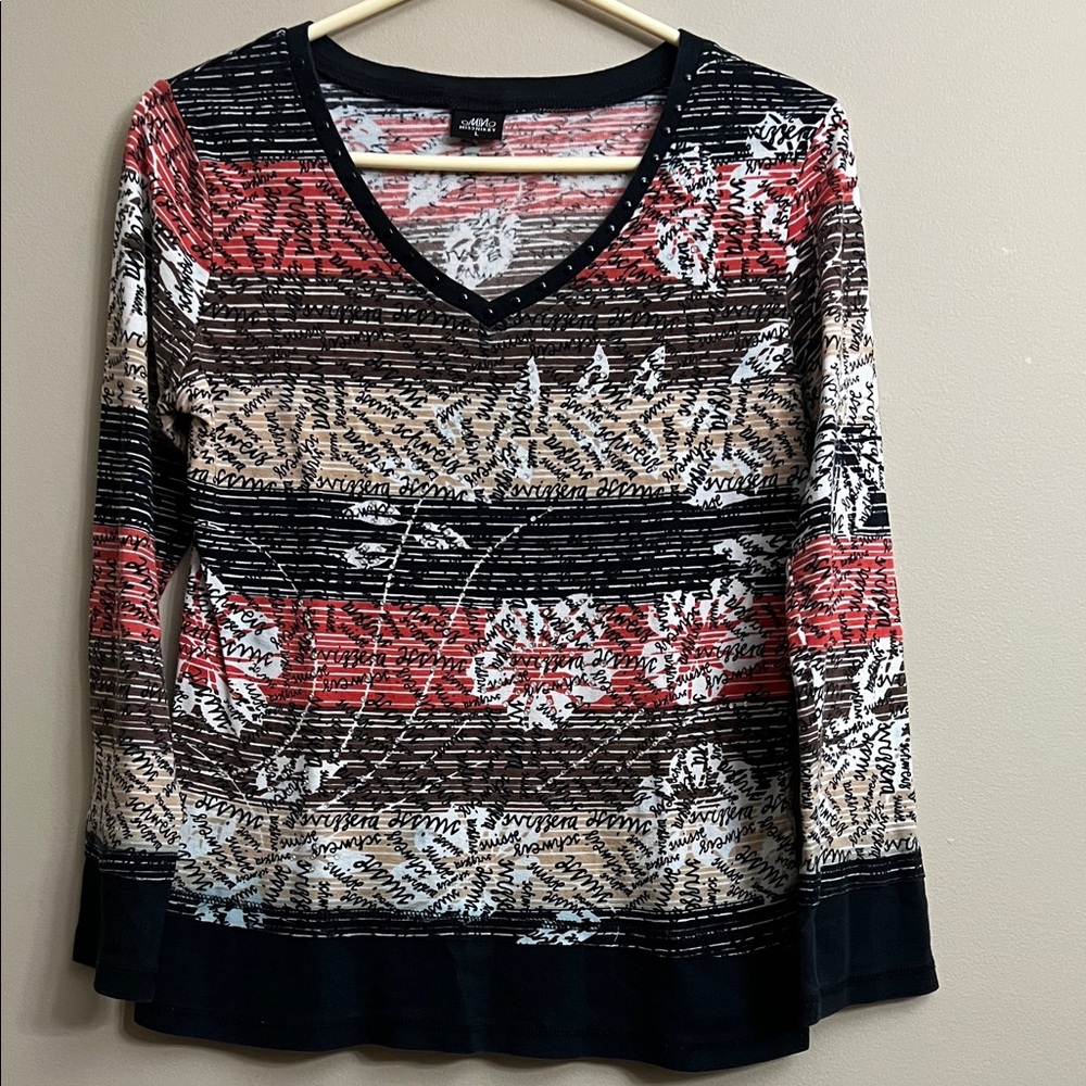 Miss Nikky Patterned and Jewelled Long Sleeve Cotton Top Size L